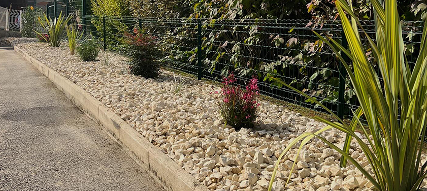 Massif paillé de galets décoratifs planté le long d’une allée