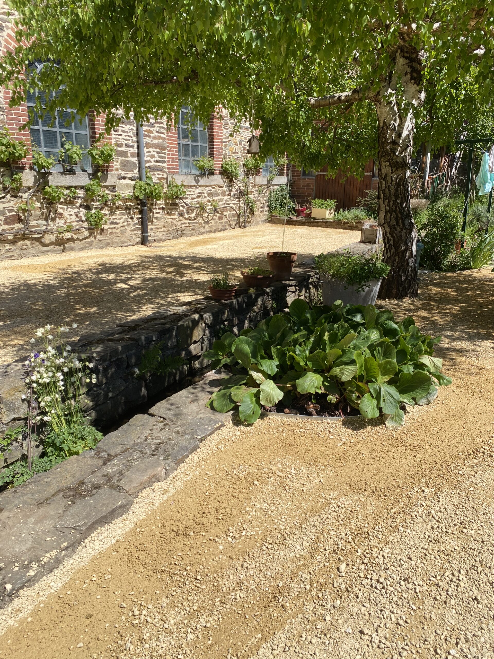 Allée en gravier bordée de massifs plantés le long d’un mur en pierre