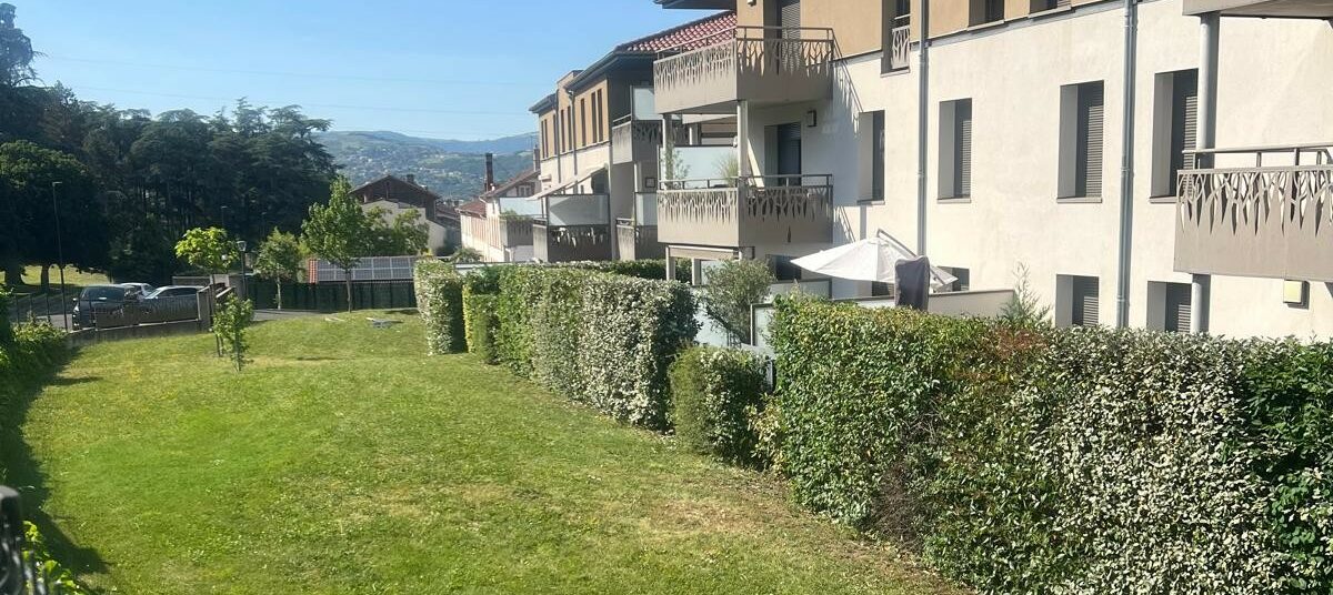 Entretien des espaces verts d'une résidence : pelouse tondue et haie taillée